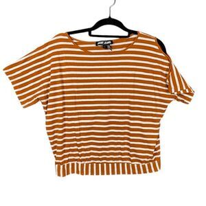 DKNY One Cold Shoulder Striped Tee Banded Waist Rust Orange and White Size Large